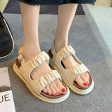 Pleated Flat Heels Sandals Summer Buckle Thick Bottom Gladiator Woman Non Slip Students Shoes