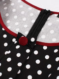 Contrast Binding Women One Button Front Polka Dot Rockabilly Dress Short Sleeve Cotton Patchwork Vintage Long Dress