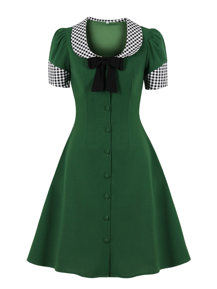 Contrast Collar and Cuff Bow Front Button Up A-Line Women Elegant Summer Ladies Midi Vintage Dresses