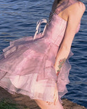 Summer Lace Fairy Sweet Korean Backless Fit Strap Kawaii Fluffy Elegant Party Mini Dress