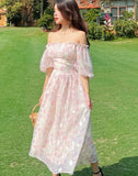 Summer Chiffon Floral Elegant Midi Casual Puff Sleeve Sweet Princess Vintage Lace Vacation Dress