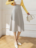 High Waist Elegant A-line Women Spring Korean Style Vintage Plaid All-match Ladies Long Skirt