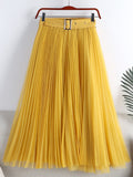 Elegant Long Women Tulle Pleated Skirt With Belt High Waist Solid Mesh Midi Skirt