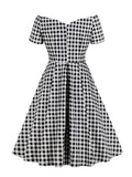 Vintage Plaid Off the Shoulder Elegant Midi Women Dress Office Lady Gingham Print Sexy V Neck Party Cotton Dresses