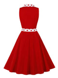 Dotted Notched Collar Button Up Women Red Vintage Dress Sleeveless Summer Ladies Formal Occasion Dresses with Belt