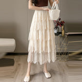 High Waist Lace Women Spring Korean Style All-match Ladies Elegant A-line Long Skirt