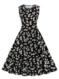 O-Neck Sleeveless Summer Floral Vintage Swing Women 50s Robe A Line Casual Midi Dress