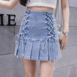 Mermaid Denim Pleated Mini Solid Casual Woman Korean Style High Waist Skirt with Lined