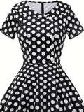 50s Pinup Women Polka Dot Dresses New In Vintage Clothes Peter Pan Collar Buttons Front Summer Black Long Dress