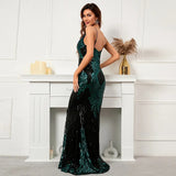 Women Sexy Strap Green Sequin Dress Party Maxi Dress V Neck Evening Dress Long Prom Dress