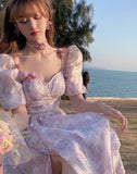 Summer Chiffon Printing Split Princess Puff Sleeve Ruffles Sweet Chic Retro Midi Dress