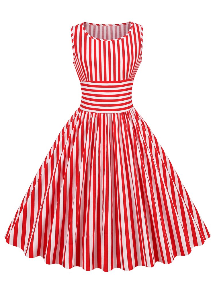 Red and White Striped High Waist Rockabilly Vintage Cotton Women O-Neck Sleeveless Pinup 50s Pleated Dress