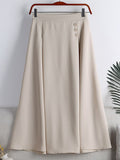 Women Elastic High Waist Casual A Line Skirt Buttons Dart Detail Office Lady Elegant Midi Skirt