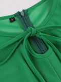 Bow Neck Keyhole Petal Sleeve Green Solid Swing Dresses Elegant Women XL to 4XL Clothing Plain Vintage Dress