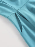 Turquoise Peter-Pan Collar 1950s Vintage Robe Short Sleeve Women Pocket Side Solid Elegant Midi Swing Dresses