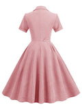 Notched Collar Buttons Belted Vintage Plaid Midi Dresses Elegant for Women Short Sleeve 50s Robe Turquoise Swing Dress