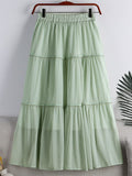 Fashion Faux Pearl Rhinestone Beaded Tiered Midi Skirt Elastic High Waist Solid Casual A Line Skirt