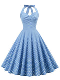 Sweetheart Neck Halter High Waist Vintage Lace Up Back Polka Dot 50s Robe Party Cotton Dress