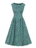 Vintage Polka Dot High Waist Slim Midi Dresses Women Sleeveless O-Neck Pockets Summer Casual Elegant Dress