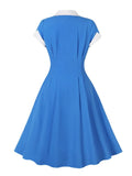 Blue Vintage Dress Elegant Women Contrast Collar Single Breasted High Waist Formal A Line 40s 50s Retro Dresses