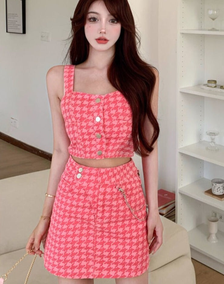 2pcs/set Summer Pink Plaid Sexy Women Midriff Tank Party Mini Casual Kawaii Skirt Suit