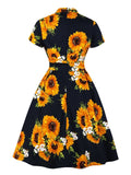 Sunflower Floral V Neck 50S Retro Robe Slim Elegant Party Dress Women Button 95% Cotton Pinup Vintage Dresses