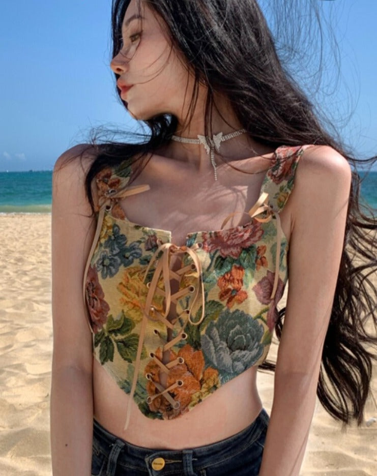 Summer Floral Beach Crop Tops Women Sexy Party Backless Bandage Strap High Street Casual Vintage Chic Boho Top