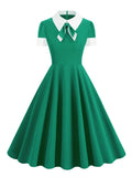 Turn Down Collar Bow Front Navy Blue Summer Dresses for Women Formal Occasion Vintage Style Elegant Dress