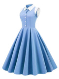 Light Blue Women Turn-Down Collar Button Up Vintage Style Midi Dress Sleeveless Elegant Ladies Pocket Swing Dresses