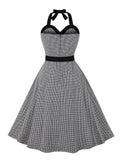 Black and White Gingham High Waist Sexy Halter Party Dresses for Women Single Breasted Backless Flare Vintage Dress