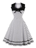 Women Vintage Square Neck Tie Front Sleeveless Polka Dot Elegant Summer A Line Rockabilly Dress