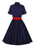 Turn-Down Collar Button Up Rockabilly Vintage 50s Cotton Shirt Dress Short Sleeve Women Red Belt Elegant Pleated Dresses