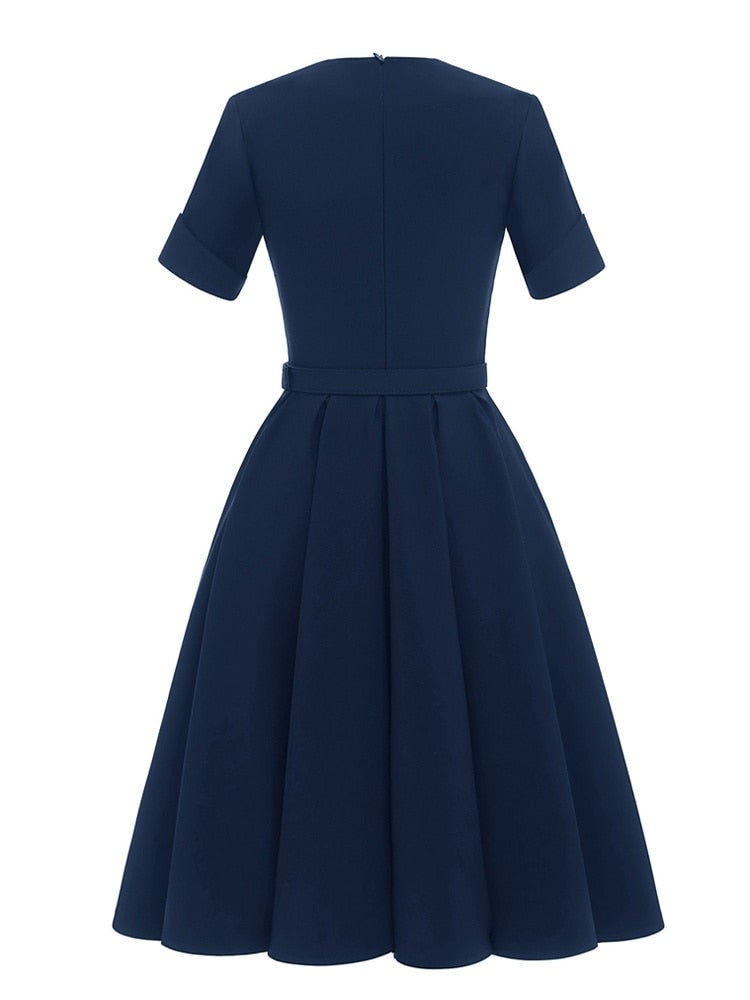 Square Neck Short Sleeve Solid Plain Vintage Pleated Summer Elegant Women Belted Midi Length Retro Dress
