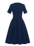 Square Neck Short Sleeve Solid Plain Vintage Pleated Dress Summer Elegant Women Belted Midi Length Retro Clothes