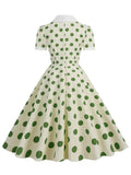 Turn-Down Collar Button Front 50s Pinup Robe Elegant Dresses Summer Women Polka Dot Vintage Midi Dress