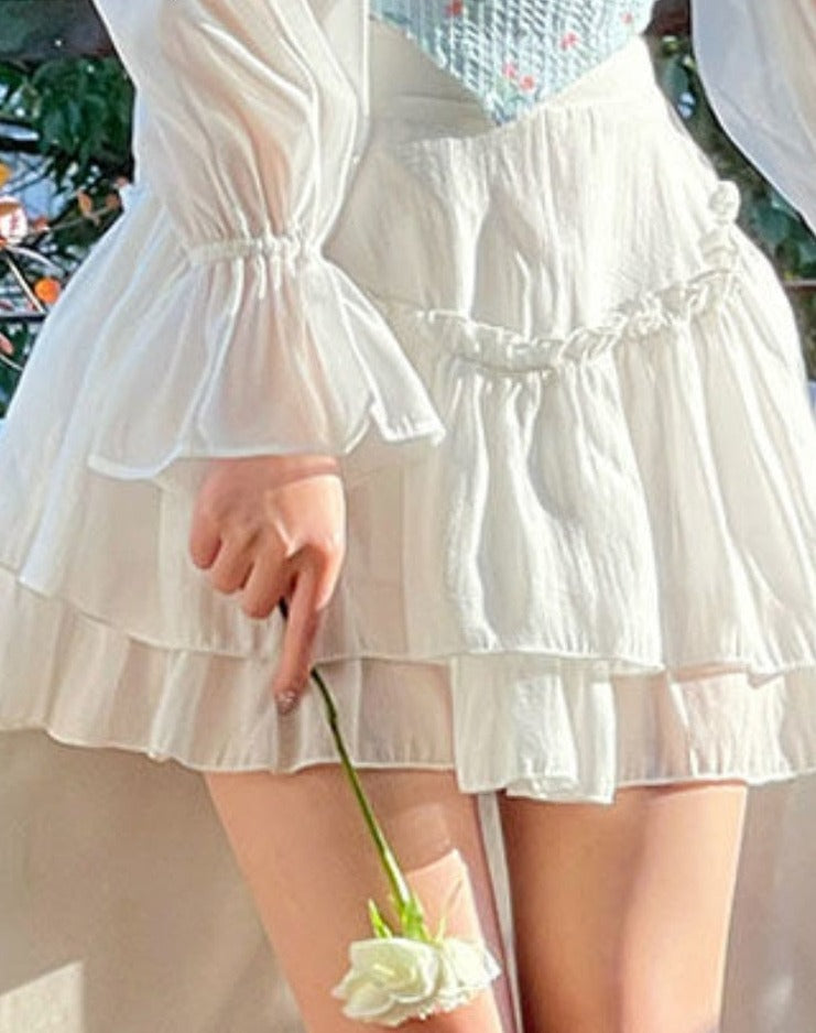Summer White Sweet Fluffy Kawaii Party Mini Lace Ruffle Flounce Korean Slim Chic Skirt
