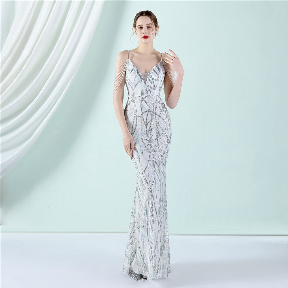 New Elegant Spaghetti Strap Beading Formal Evening Dress Sexy Mermaid Sequin Party Prom Dress