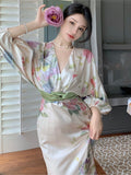 Vintage French Style Elegant Midi Dresses Casual Floral Print Party Vestdios Lady Robe
