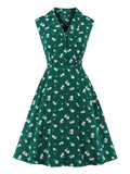 Notched Collar Button Up Floral Green Elegant Summer Shirt Dress Women Sleeveless Casual High Waist Vintage Dresses