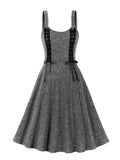 Grey Knitted Tank Dress Women Fall Clothes O-Neck Lace-Up Front Vintage Fit and Flare Party Ladies Swing Dresses