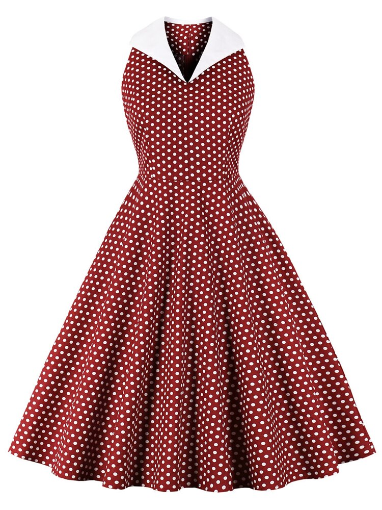 Turn-Down Collar Sleeveless Polka Dot Vintage Rockabilly Women Summer A-Line Cotton Retro Dress