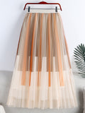 Contrast Color Striped Mesh Pleated Skirt Women Elastic High Waist Casual Tulle Midi Skirt