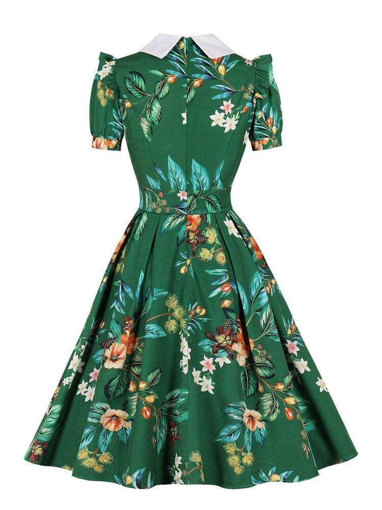 Turn-Down Collar Short Sleeve Summer Retro Floral Holiday Women High Waist Pleated Vintage Green Dress