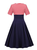 Red Striped and Navy Blue Button High Waist Women Vintage Pleated Short Sleeve O-Neck Retro Midi Dresses