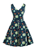 Multicolor Cactus Print Sleeveless Vintage Robes 50s Pinup A Line Dress V Neck Women Summer Cotton Dress