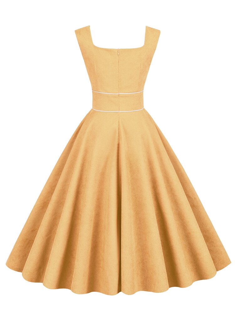 Square Neck Yellow Corduroy Women High Waist Vintage 50s Tank Sleeveless Elegant Pocket Summer Ladies Midi Dresses