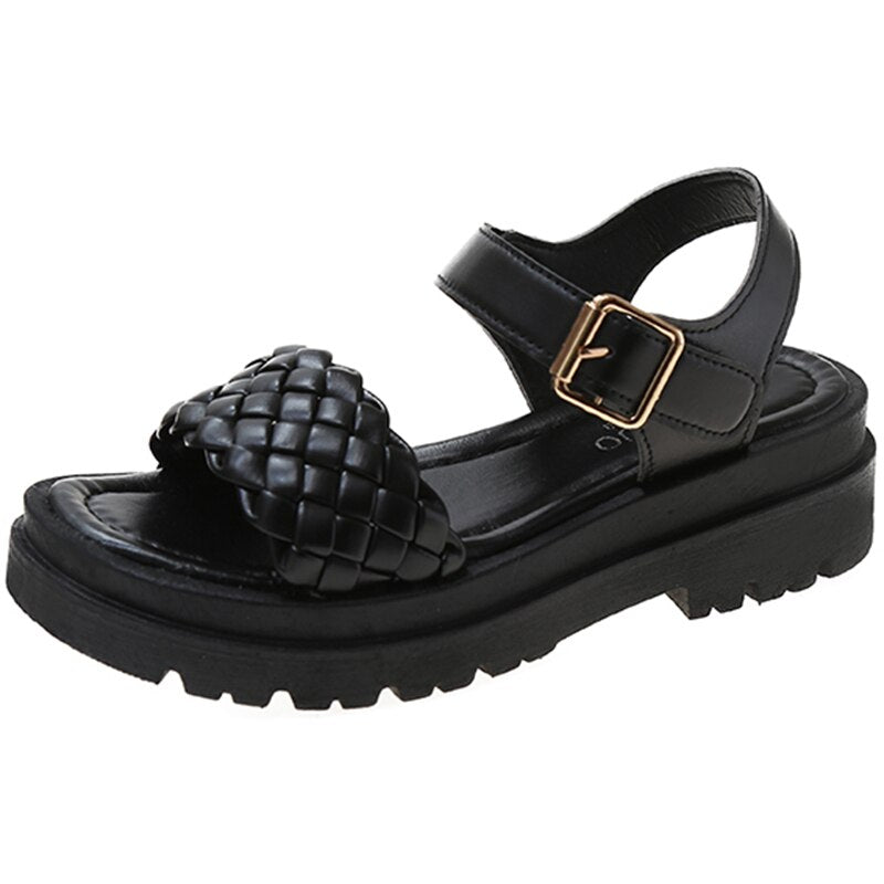 Summer Buckle Strap Woven Sandals Women Open Toe Thick Bottom Sandals Non Slip Platform Shoes