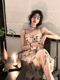 New Elegant Print Midi Women Summer Dress Vintage Spaghetti Strap A-Line Slim Party Vestidos Robe