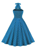 Criss Cross Halter Neck Single Breasted Polka Dot Vintage Dresses Women Shirred Back Backless Fit and Flare Party Dress