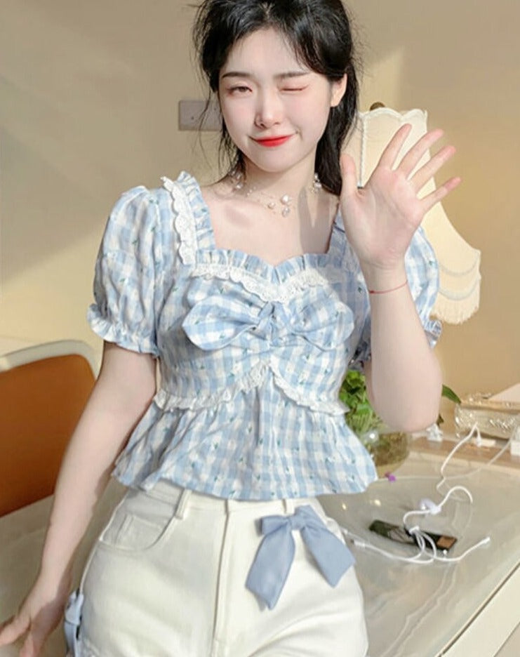 Summer Plaid Bow Sweet Korean Puff Sleeve Princess Designer Lace Fit Party Blouse